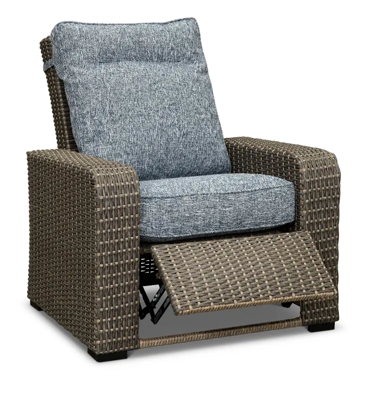 Lemans Gray Wicker Patio Recliner Chair with Blue Cushions