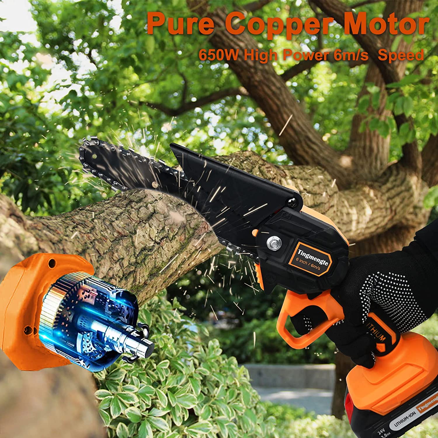 Tingmengte Mini Chainsaw 6 Inch， Cordless Mini Chainsaw Battery Powered