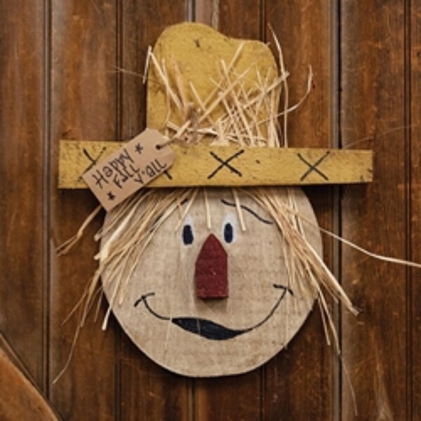 Rustic Wood Happy Fall Y'all Hanging Scarecrow Head