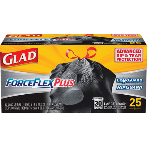 Clorox Glad ForceFlexPlus Drawstring Large Trash Bags | 30 gal， Black， 25