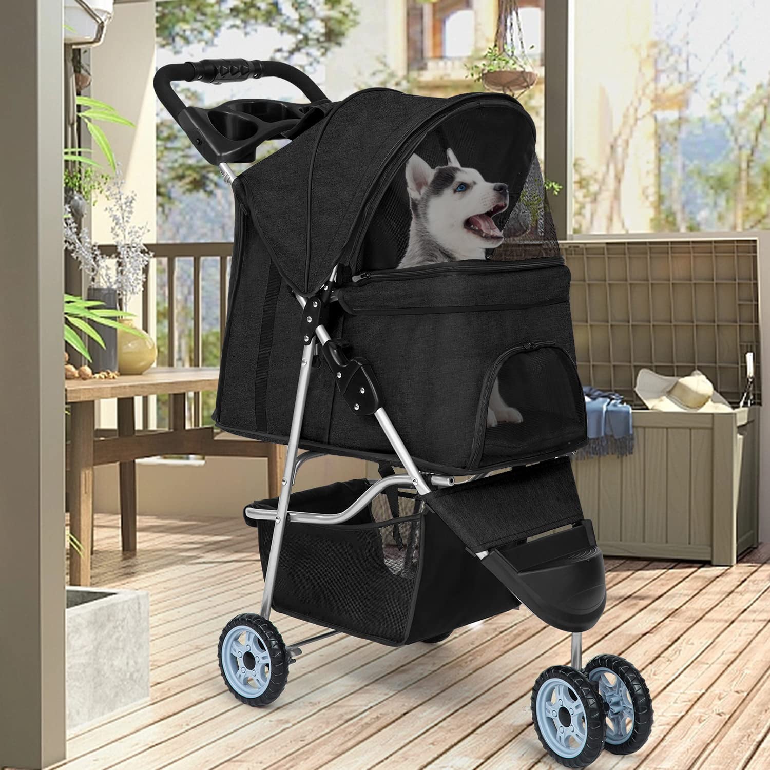 BestPet Pet Stroller Dog Cat Jogger Stroller Folding with Cup Holder (Black， 3 Wheels)