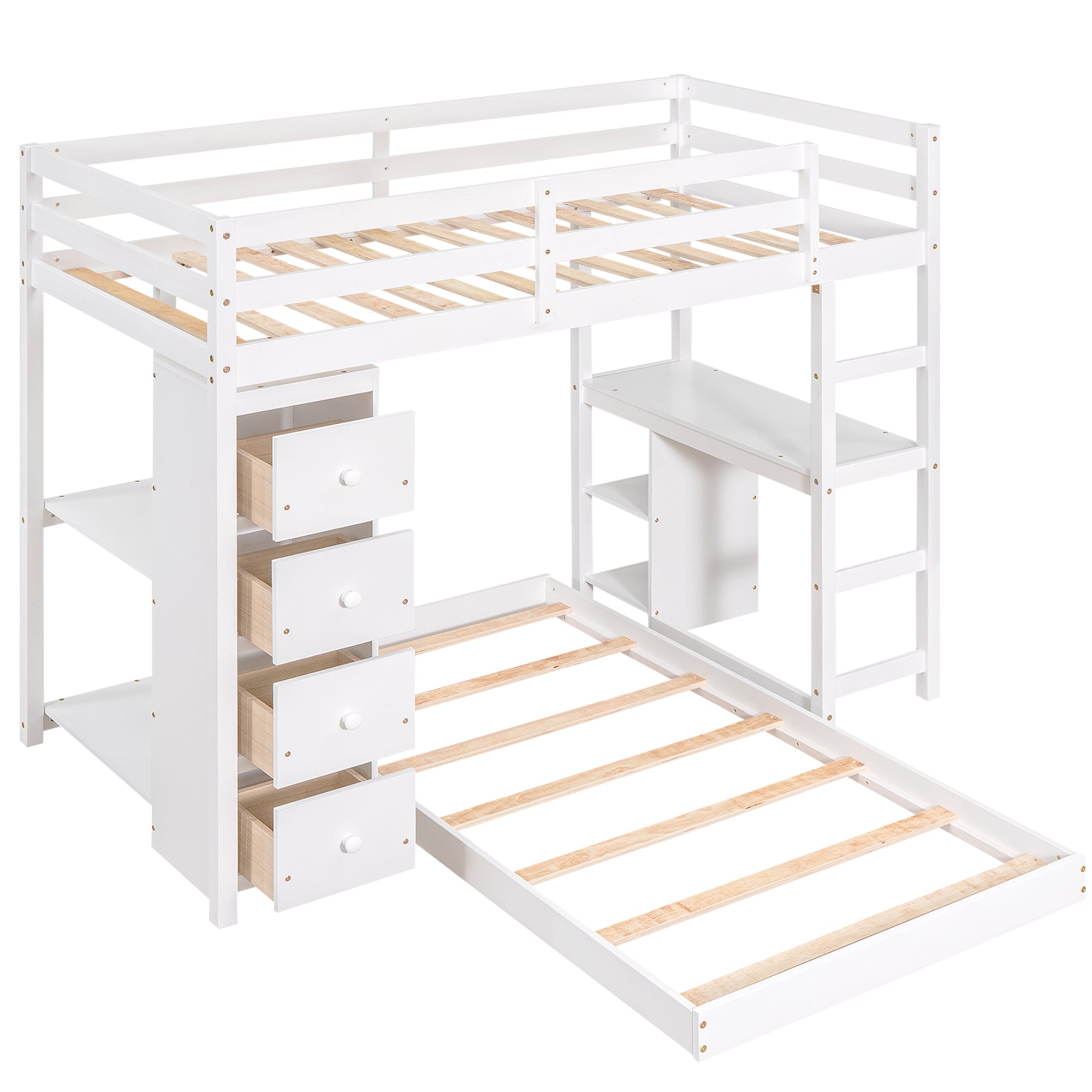 Euroco Twin over Twin Loft Bed with Drawers for Kids, White