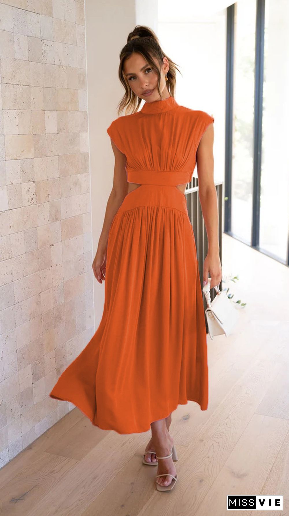 Fashion Stand Collar Macaron Color Open Waist Long Dress