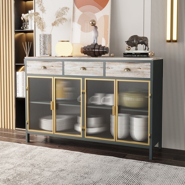 4 Glass Doors Modern Sideboard with 3 Top Drawers， Freestanding Sideboard Storage Cabinet Entryway Floor Cabinet for Living Room