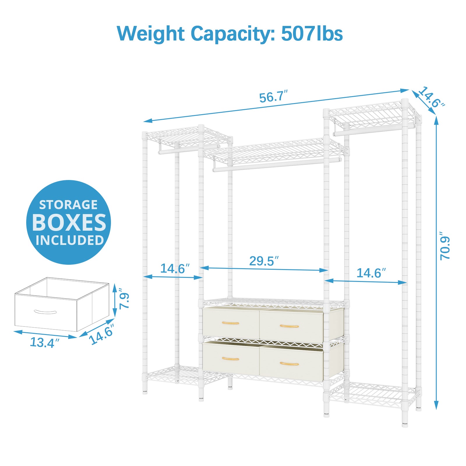 VIPEK V20 Wire Garment Rack, 56.7" L x 14.6" W x 70.9" H, White