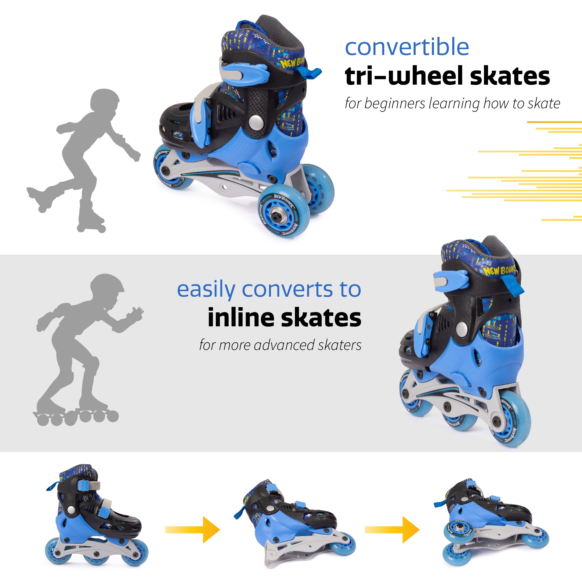 New Bounce  Convertible Skates/Roller Blades for Toddlers - Junior Shoe Size 8-11 (Blue)