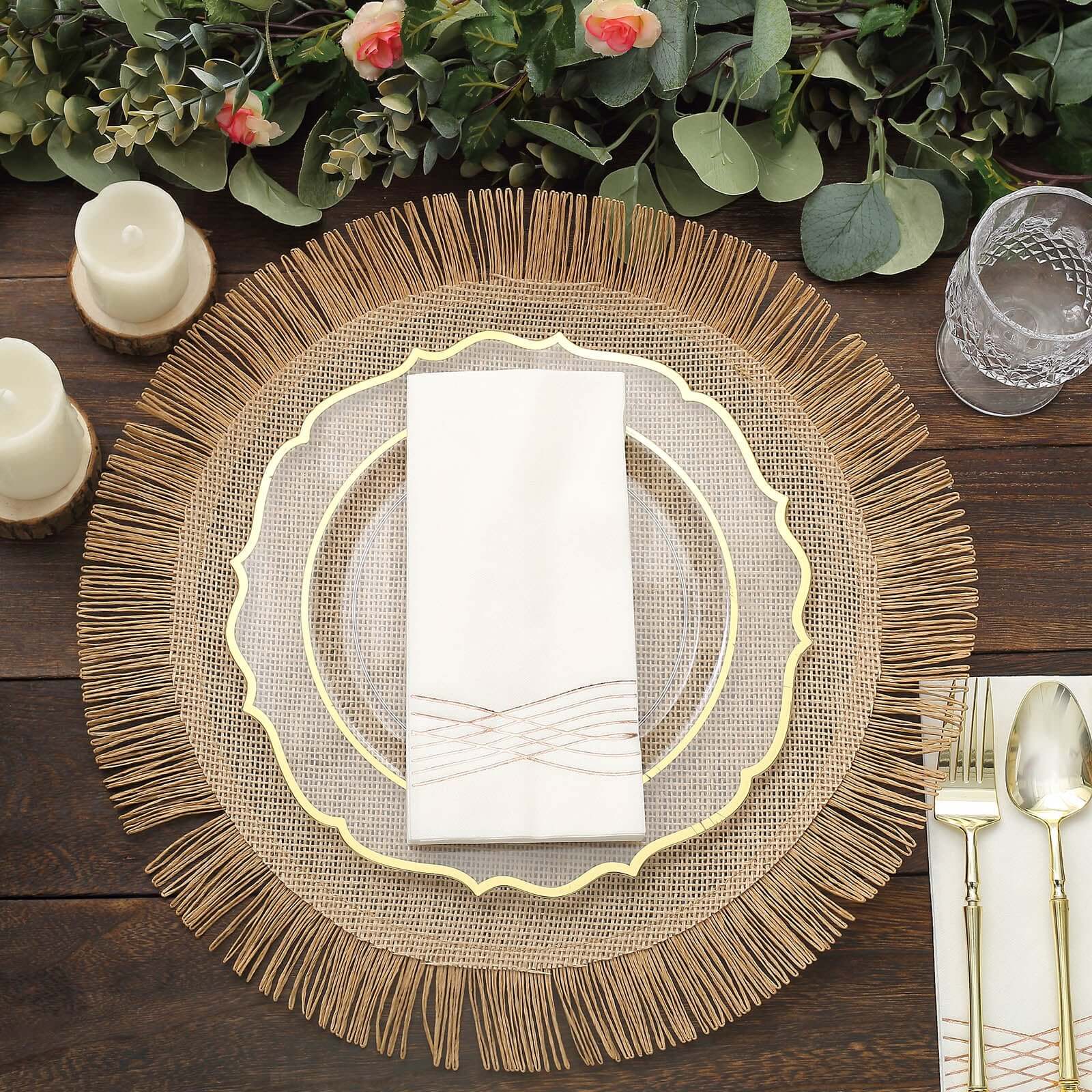 4 Pack Natural Jute Boho Chic Fringe Edge Table Placemats, Rustic Farmhouse Burlap Tassel Dining Table Mats 16