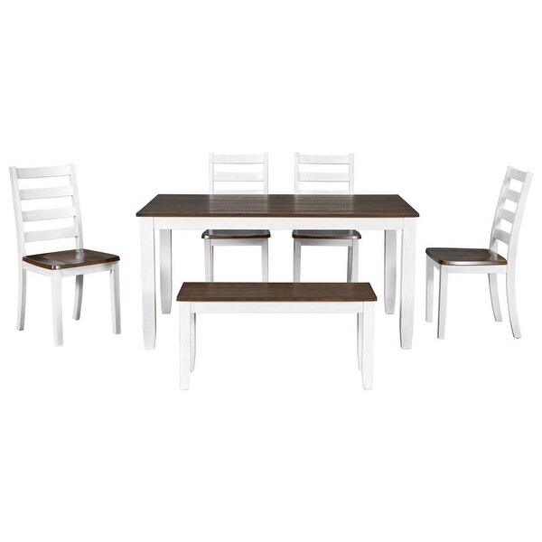 6-piece dining table with bench， kitchen with wooden table， walnut + white cottage