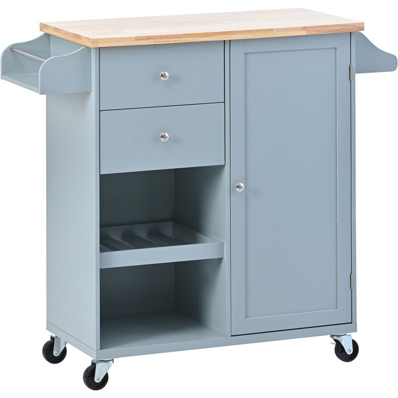 Kitchen Cart with Spice Rack  Towel Rack   Two Drawers Rubber wood top Kitchen Island with 4 Wheels for Dining Rooms Kitchen