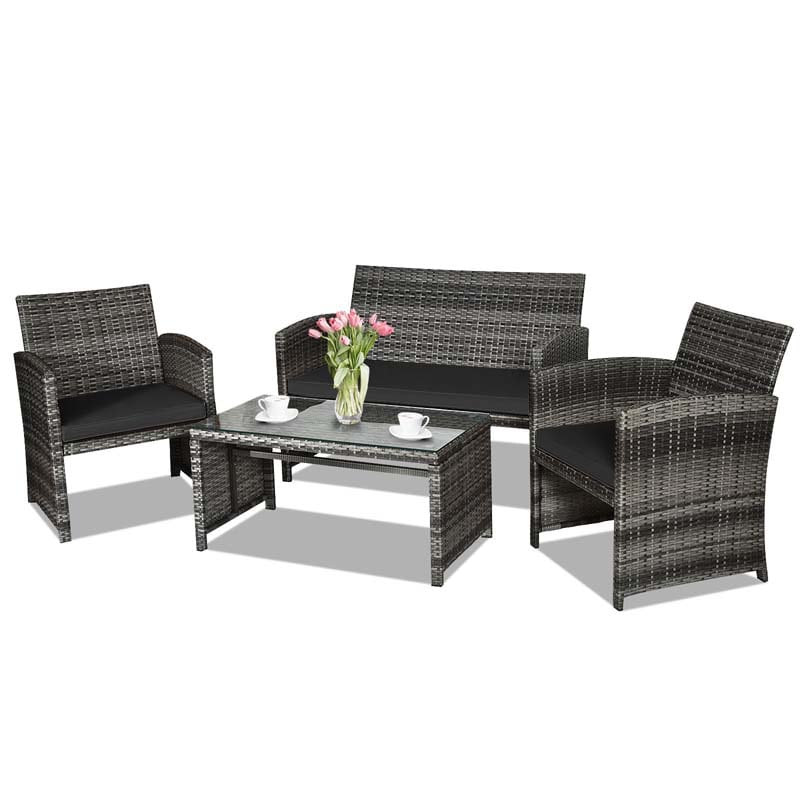 4 Pcs Rattan Wicker Patio Furniture Sets, Outdoor Conversation Sets with Loveseat, Table, Single Sofas