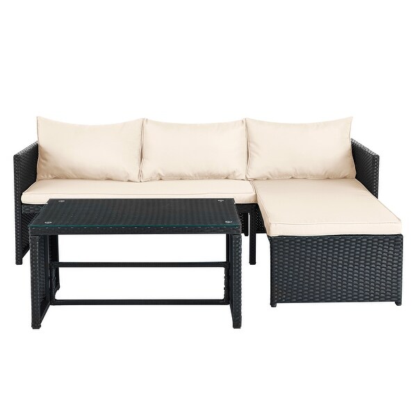 3 Pieces Patio Conversation Set，All Weather Outdoor PE Rattan Wicker Furniture Set with Cushions，Tempered Glass Coffee Table