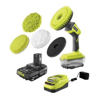 RYOBI ONE+ 18V Cordless Compact Power Scrubber Kit with 2.0 Ah Battery Charger and 6 in. 4-Piece Microfiber Cleaning Kit P4510K-A95MFK2