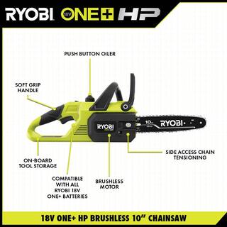 RYOBI ONE+ HP 18V Brushless 10 in. Battery Chainsaw wExtra Chain Biodegradable Bar  Chain Oil 4.0 Ah Battery  Charger P2520-CMB1