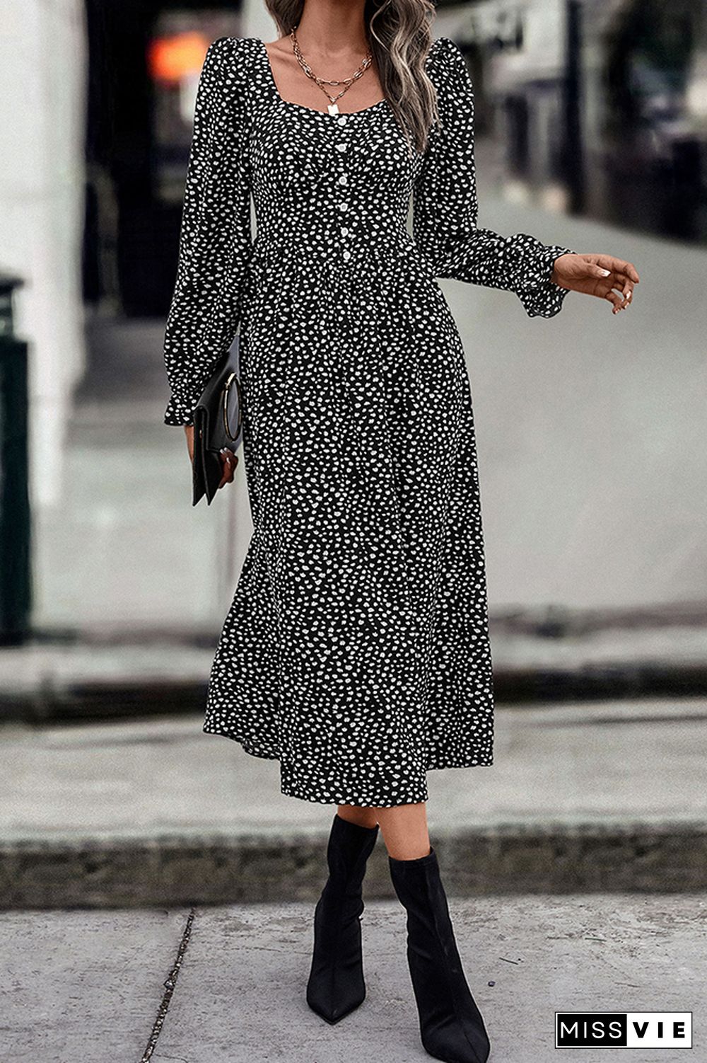 Black Puff Sleeves Printed Ruffle Long Dress