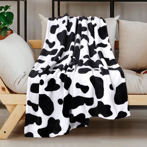 Piccocasa 300gsm Cow Printed Fleece Flannel Throw Blanket Black And White 1 Pc