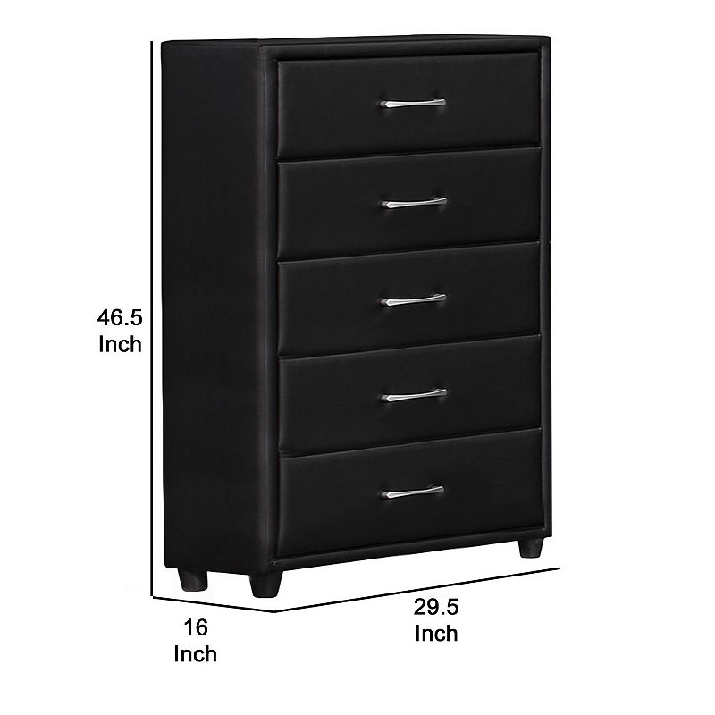 5 Drawer Leatherette Wooden Frame Chest with Tapered legs， Black