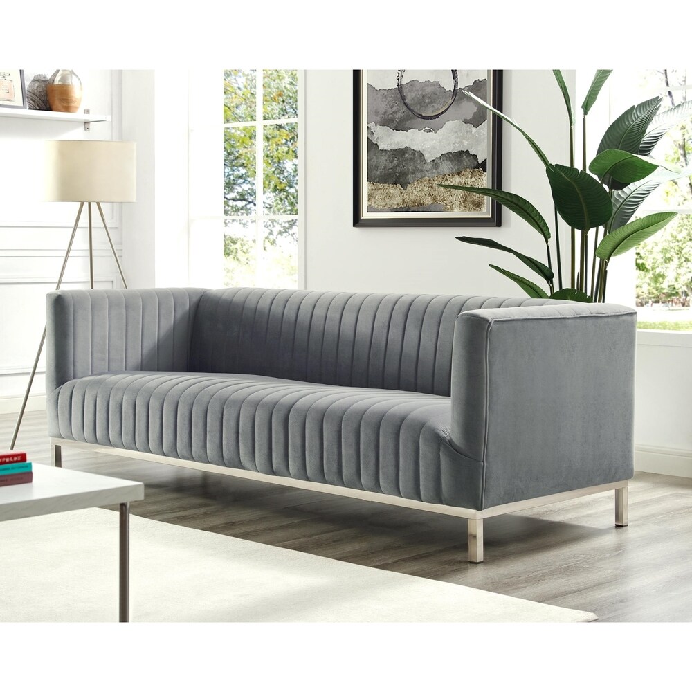 Inspired Home Ethan Velvet Tuxedo Sofa with Stainless Steel Legs