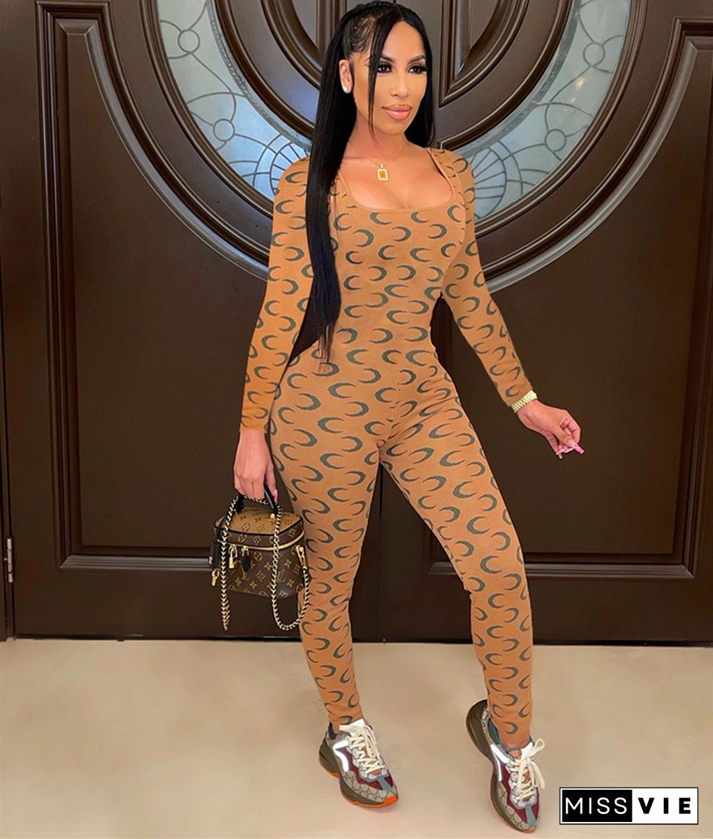 Moon Printed Long Sleeve Bodycon One Piece Jumpsuit