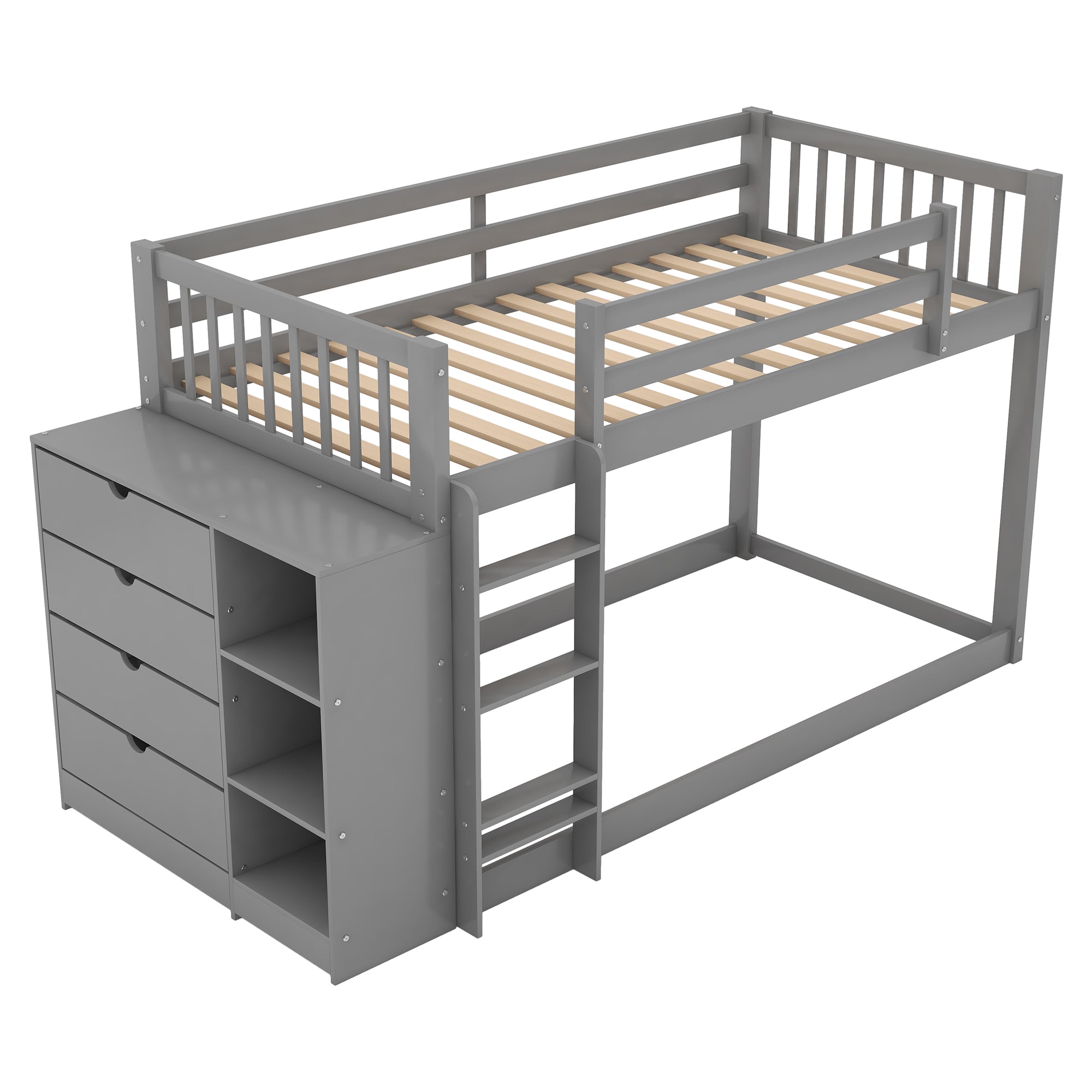 Euroco Twin over Twin Bunk Bed with Attached Cabinet and Storage Shelves for Kids, Gray