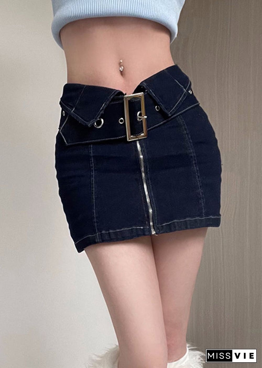 New Navy Zip Up Sashes Patchwork Denim Skirts Summer