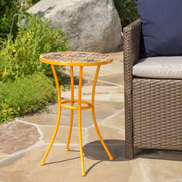 Christopher Knight Home Barnsfield Outdoor Round Ceramic Tile Side Table with Iron Frame