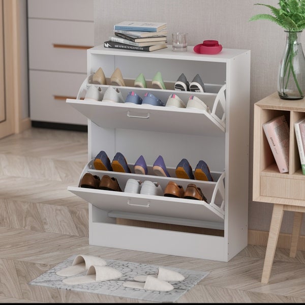 FAMAPY White 2-Drawer Shoe Cabinet with 4-Tier Rack (Up to 12 Pairs) - - 35372754