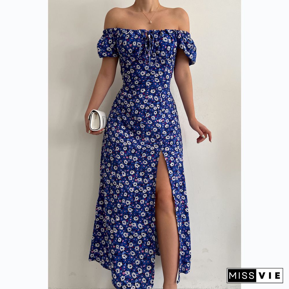 Elegant Floral Print Hem Split Dresses Women Summer Dress New Strapless Short Puff Sleeves Sexy A-line Midi Dress