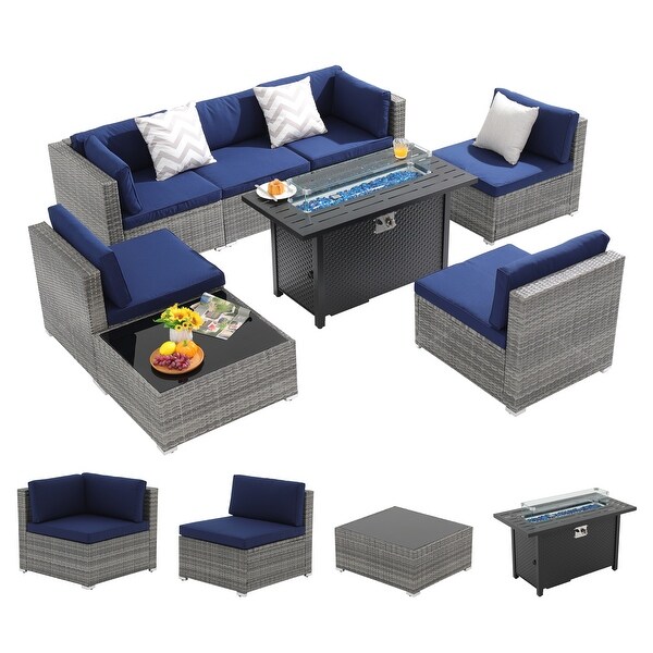 Grey 8Piece Wicker Patio Furniture Set Navy Blue Cushions with Black 45” 50000 BTU Propane Fire Pit Table