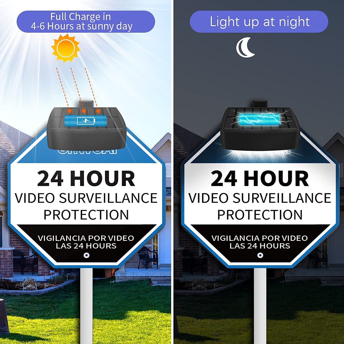 {2pcs Yard Security Warning Sign with Solar Powered Deck LED Light}， IP66 Waterproof Yard Security Warning Sign， Mini Outdoor Light