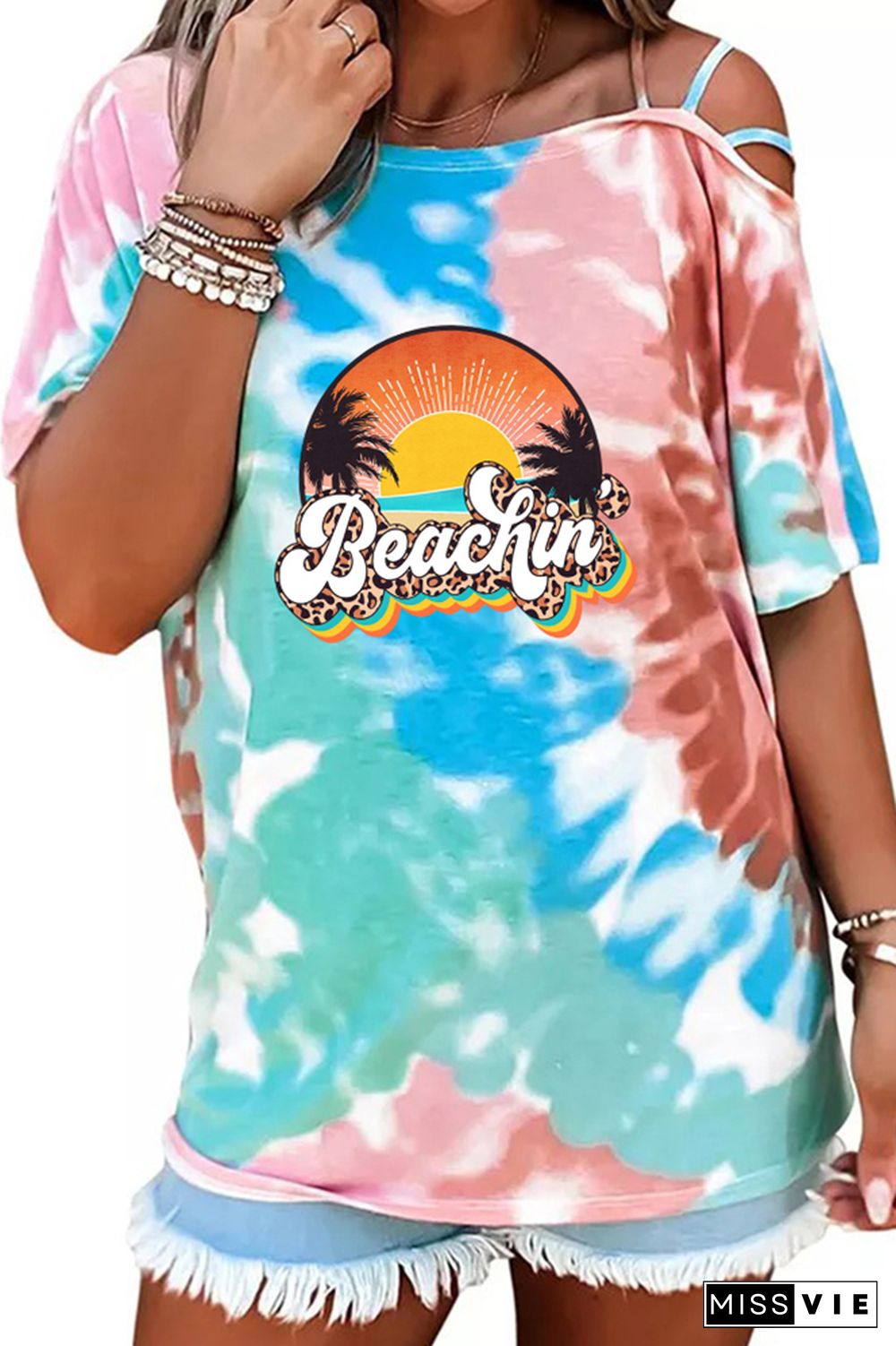 Beachin' Retro Leopard Print Graphic Tees for Women Wholesale Short Sleeve T shirts Top