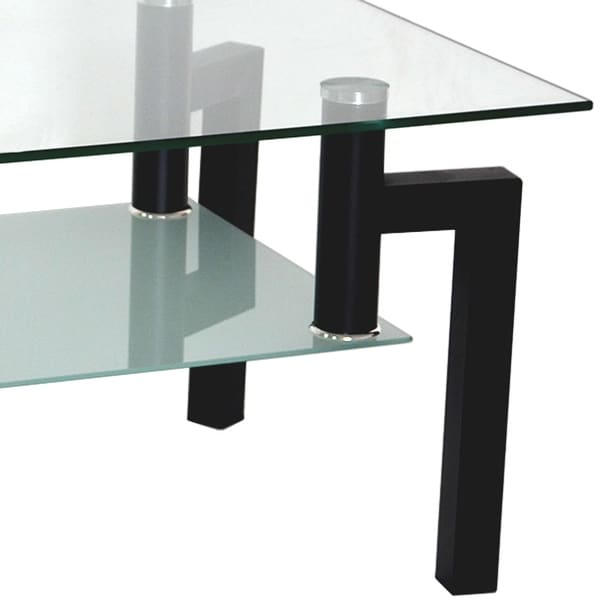 Rectangle Coffee Table 2-Tier Storage Side Table Black Tempered Glass Tabletop Center Table with Metal Tube Legs