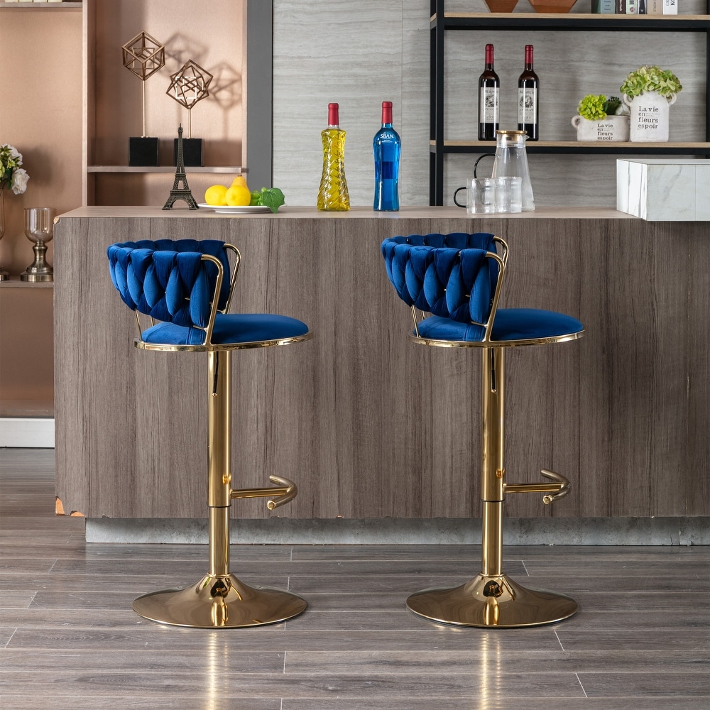 Modern Retro Height Adjustable Counter Chair Swivel Bar Stools Set of 2 with Velvet Woven Backrest Handrail and Footrest