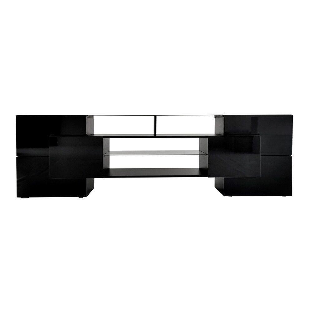 High Gloss TV Stand with 2 Illuminated Glass Shelves and Storage Cabinets  Entertainment Center with LED Lights for 80\