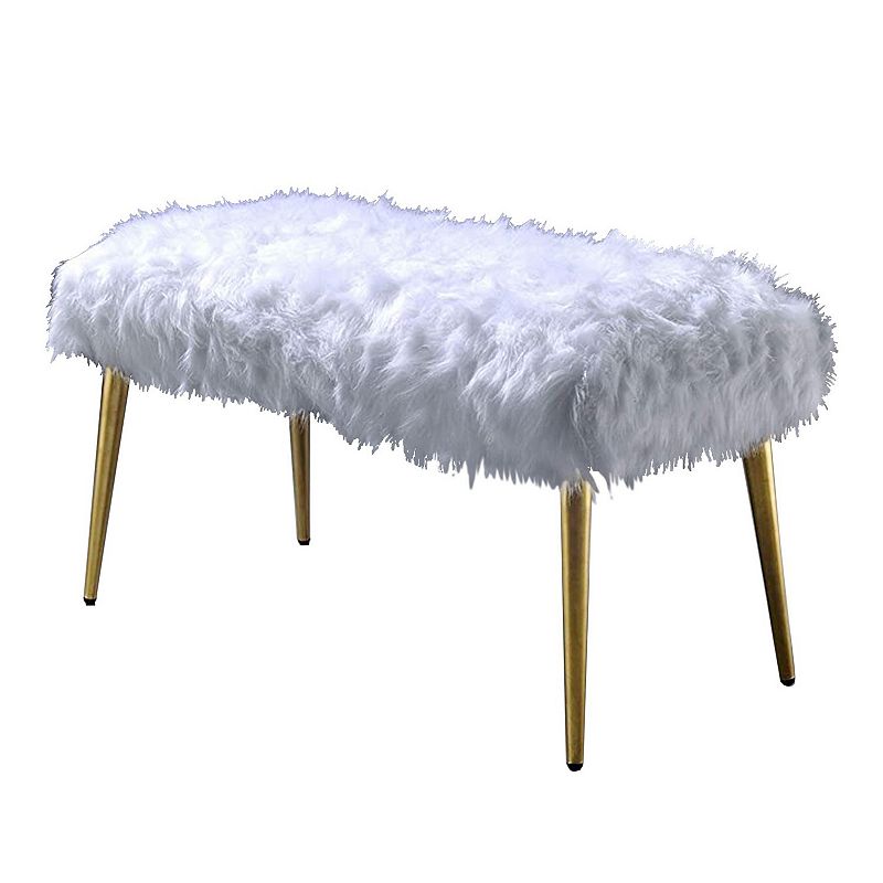 Modern Style Faux Fur Upholstered Metal Bench with Tapered Legs， White and Gold