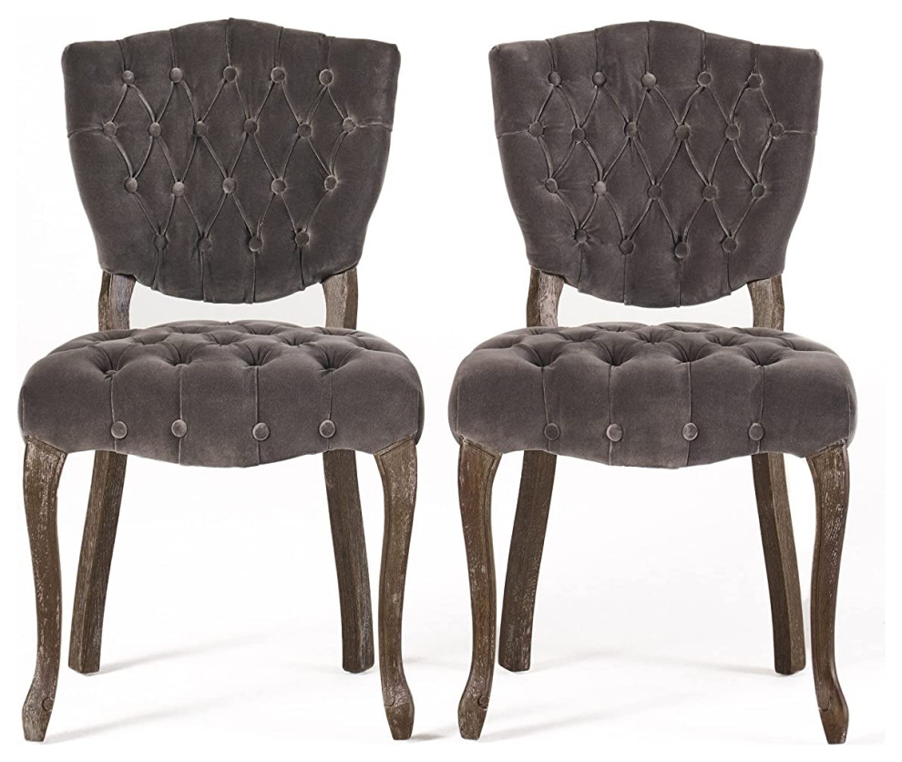 Set of 2 Dining Chair  Wooden Frame With Button Tufted Velvet Seat   French Country   Dining Chairs   by Declusia  Houzz