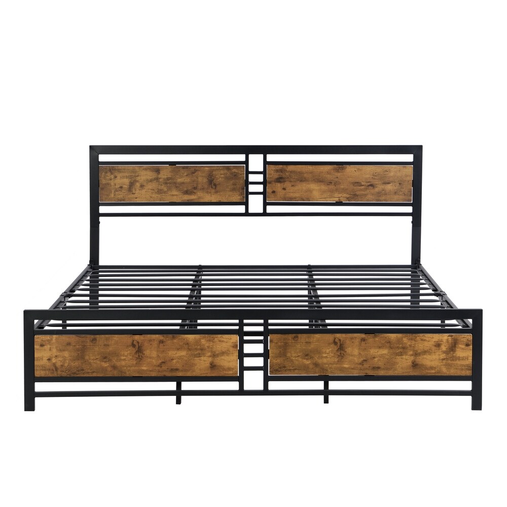 Metal Platform Bed Frame with Wood Headboard and Footboard