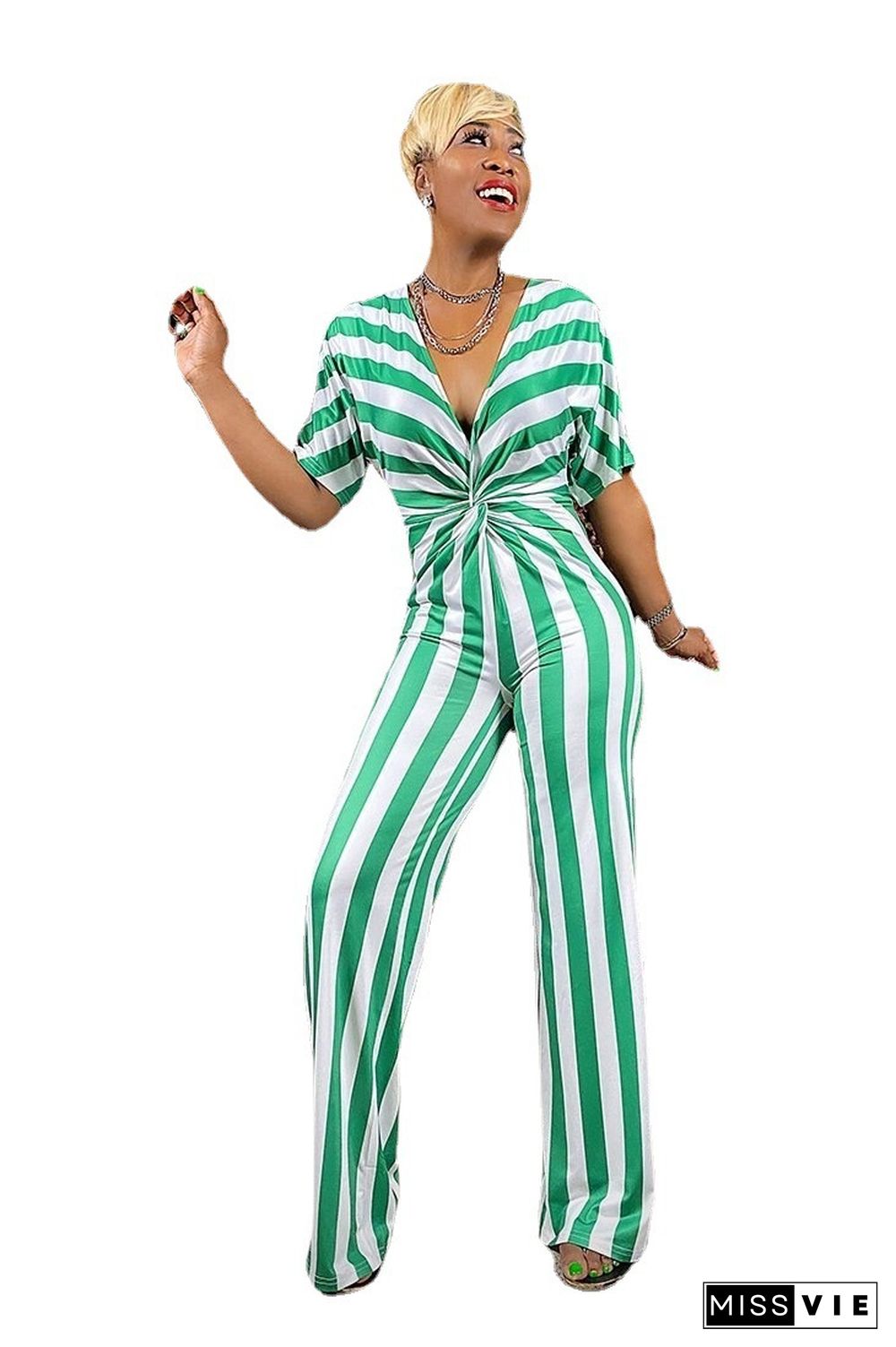 Sexy Women Summer Deep V-Neck Stripe Short Sleeve High Waist Wide Leg Elastic Loose Jumpsuit