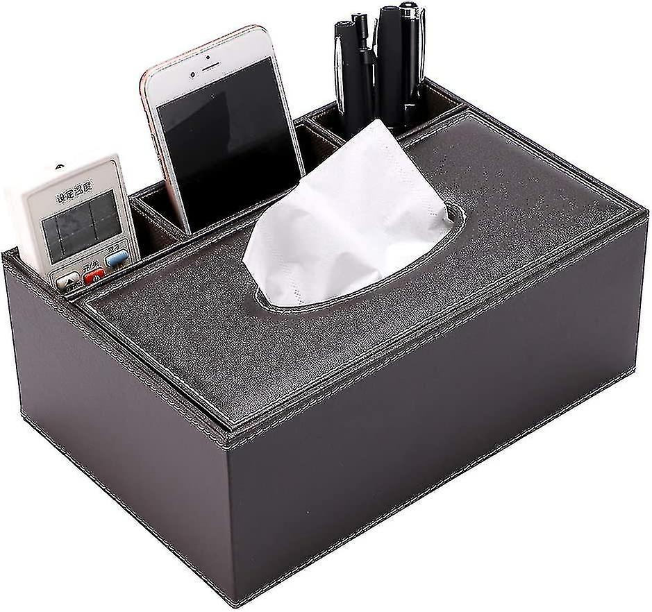 Rectangular Pu Leather Tissue Box Cover - Multifunctional Tissue Box Holder With Stationery Remote C