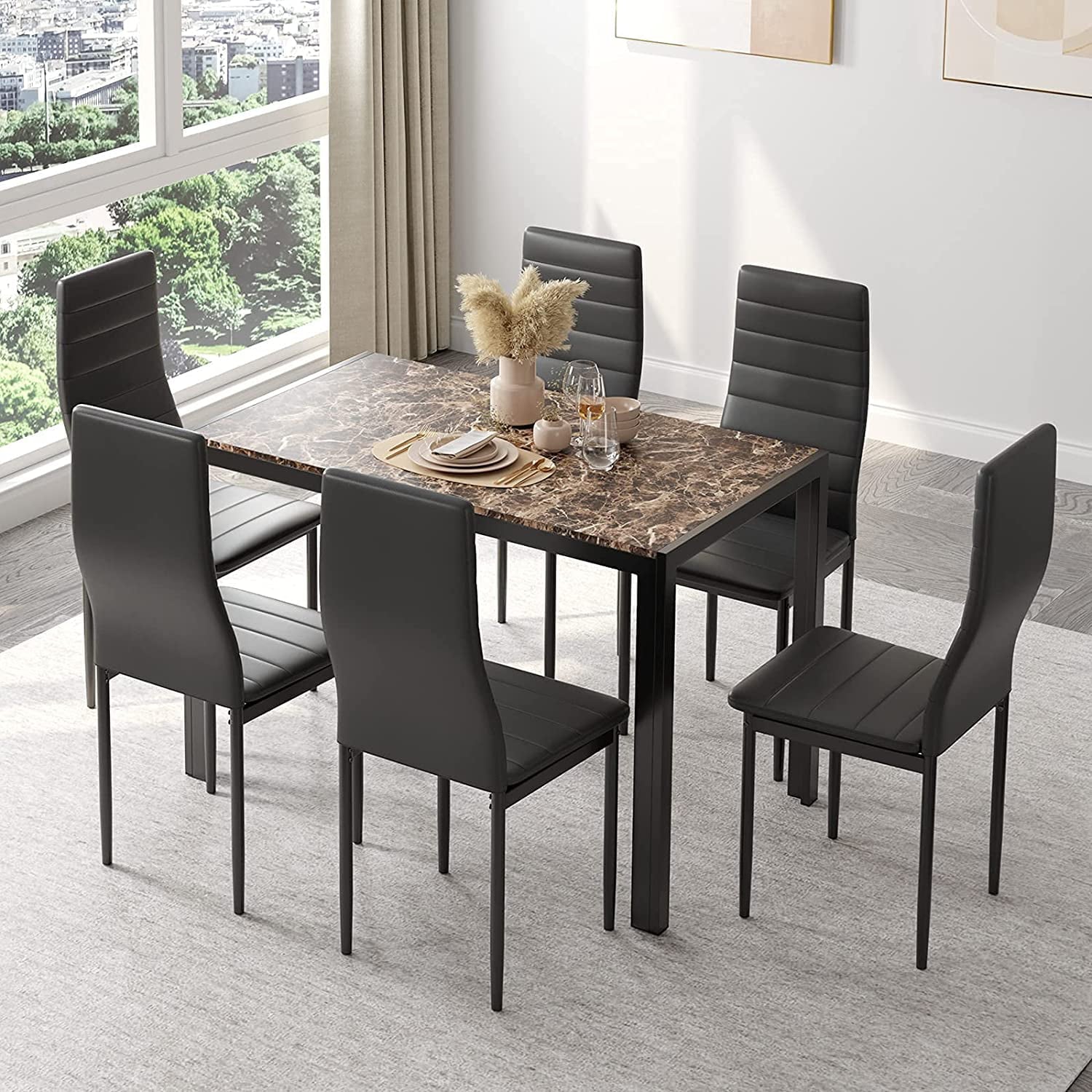 Increkid 7 Piece Kitchen Dining Table Set with 6 PU Leather Chairs