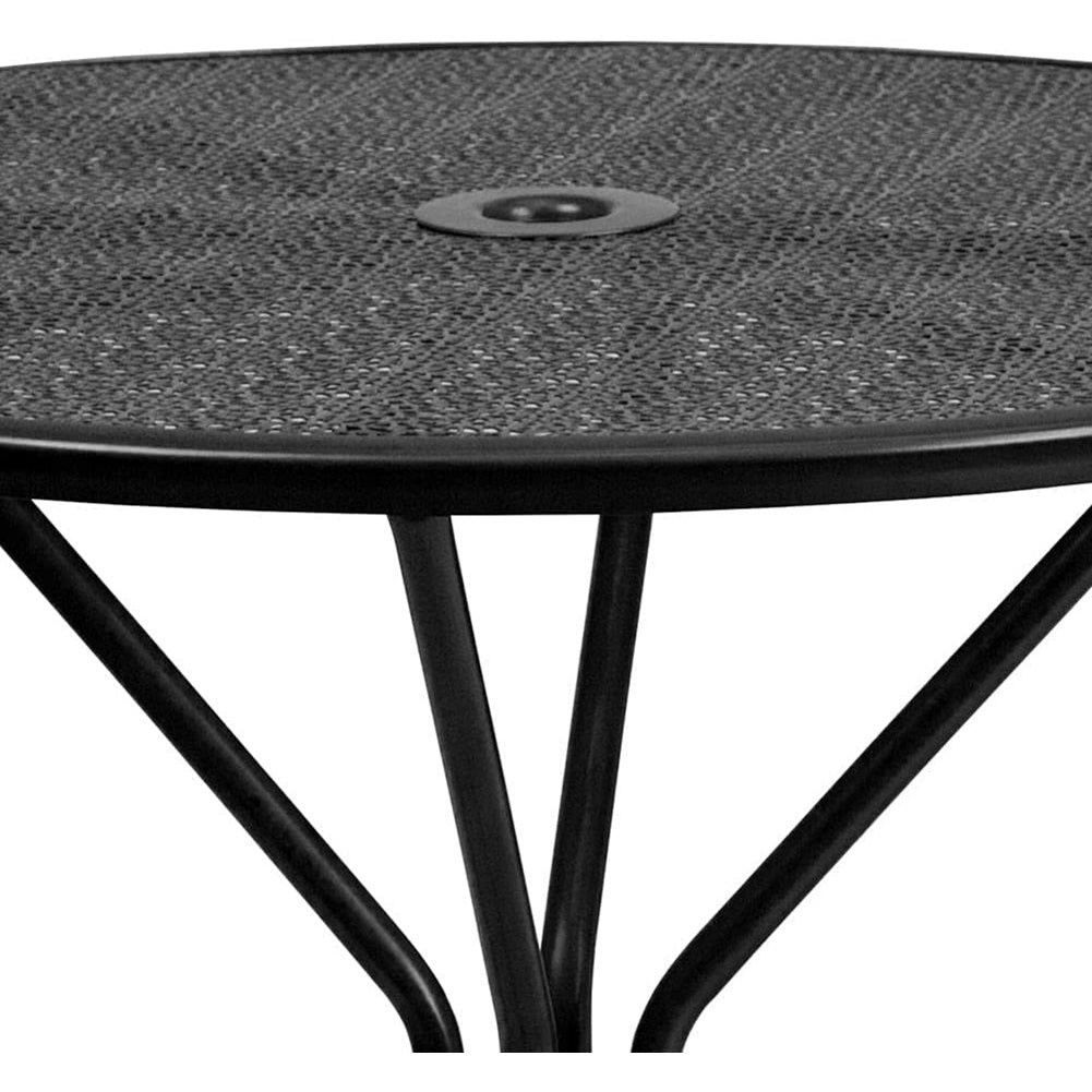 Commercial grade 35.25" round black indoor/outdoor steel patio table with umbrella hole