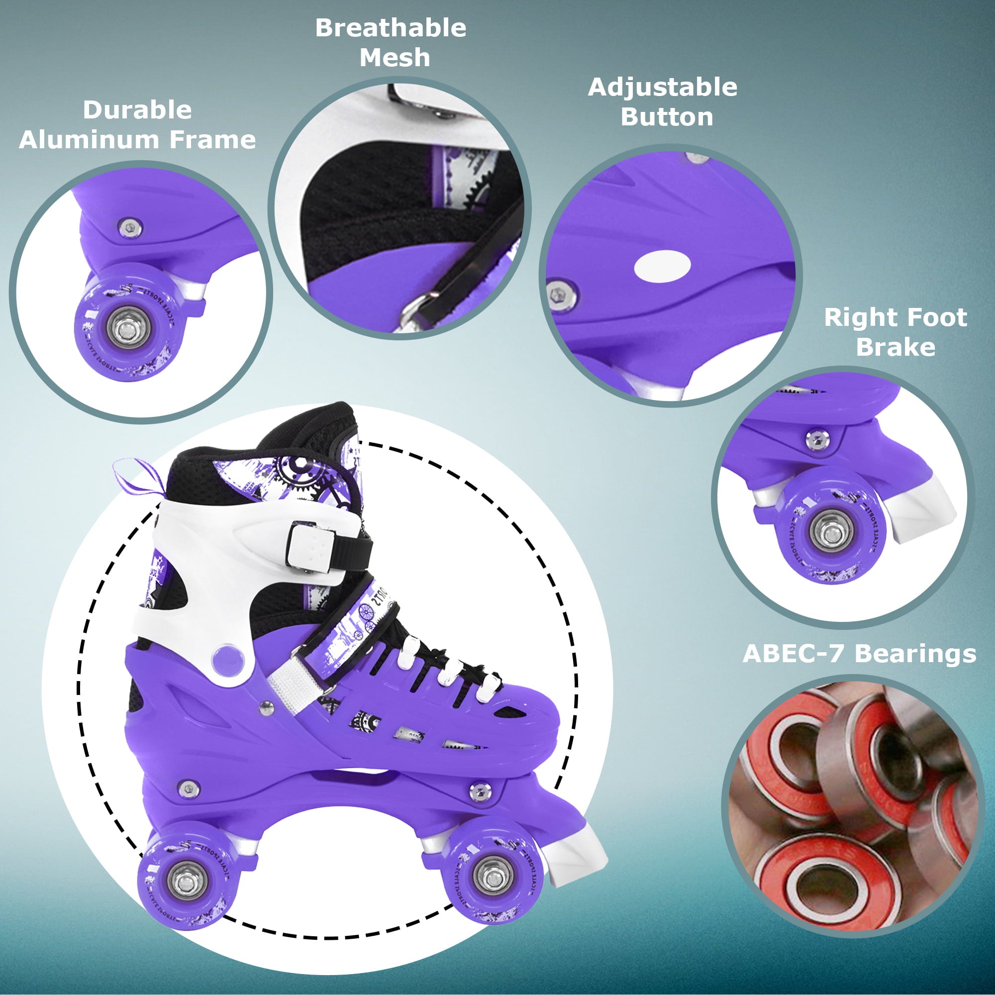 Adjustable Purple Quad Roller Skates For Kids Large Sizes