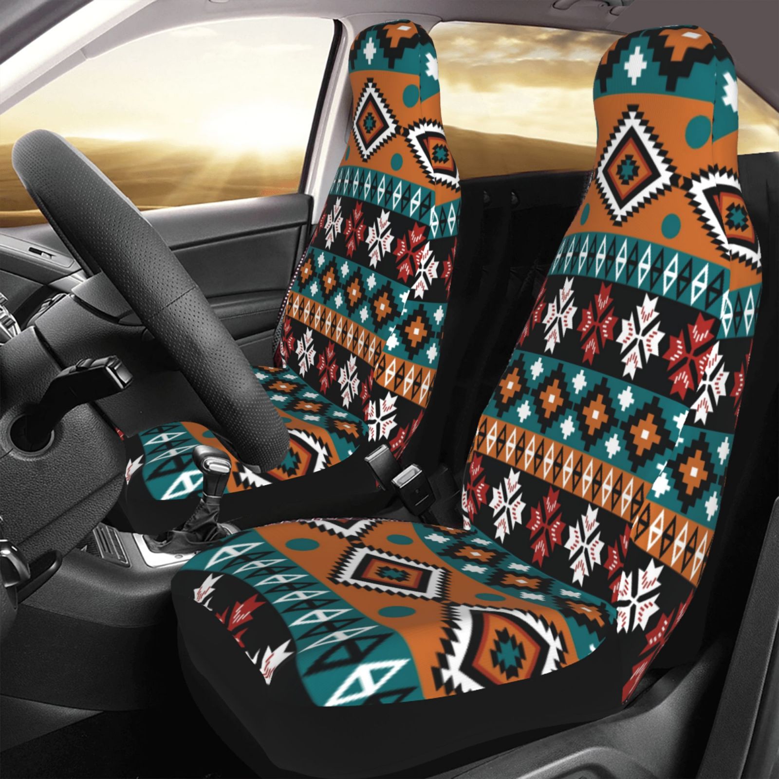 TEQUAN Front Seat Covers， Bohemian Ethnic Tribal Style Pattern 2 Piece Car Seat Cover Fit Most Car SUV Truck Van