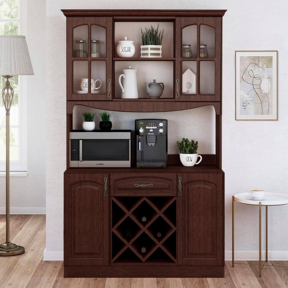 LIVING SKOG Galiano 73 in. Espresso Pantry Buffet with Hutch with Wine Rack and Drawer BJJESP