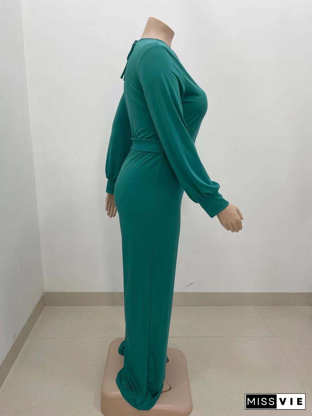 Long Sleeve V-neck Plus Size Wide Leg Jumpsuit