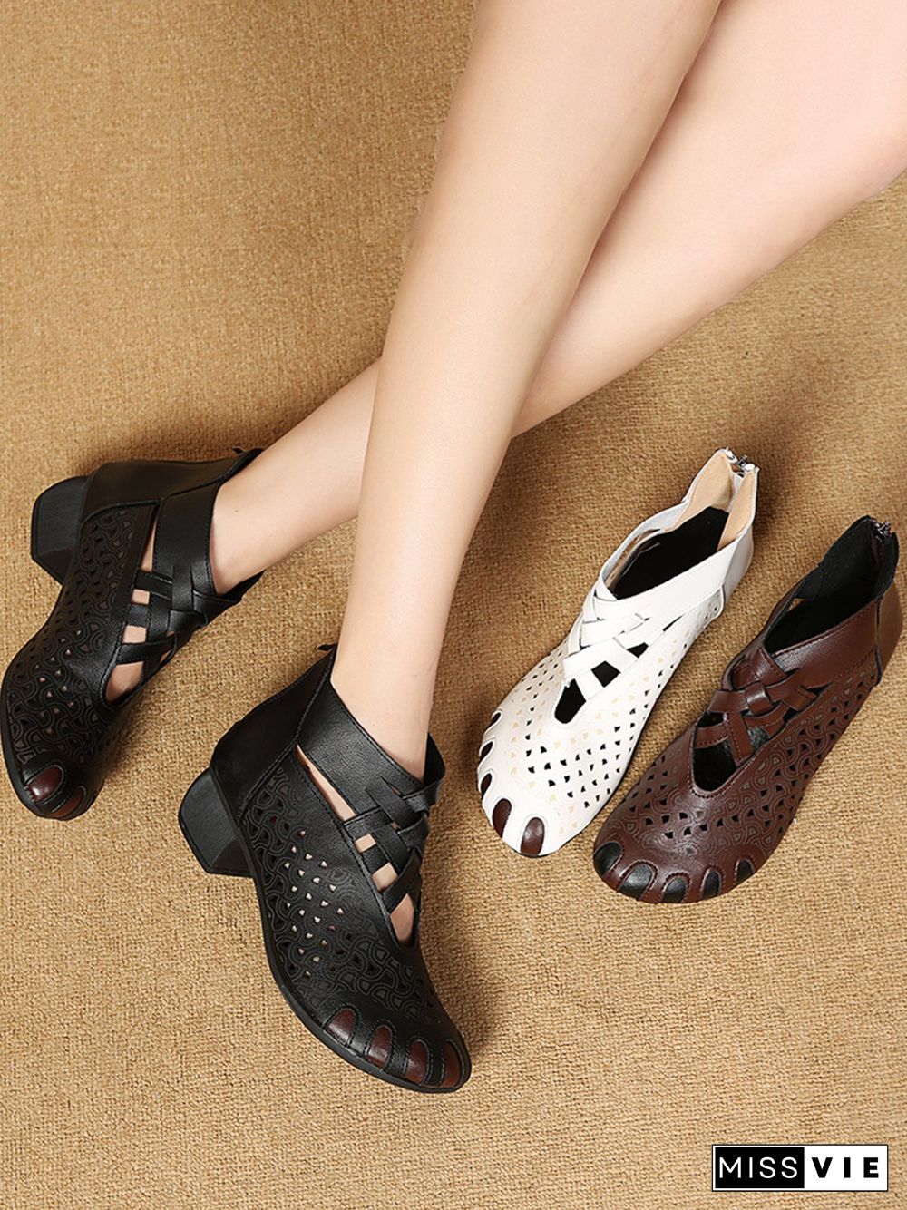 Women Vintage Plain All Season Hollow out Zipper Low Heel Round Toe Rubber Sandals Boots Boots