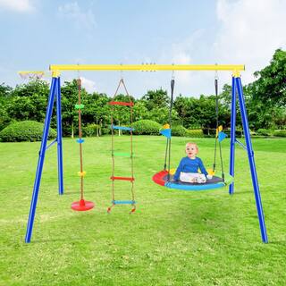 TIRAMISUBEST 4 in 1 Outdoor Swing Set with Climbing Ladder and Basketball Hoop for Kids MSXY296182AAA