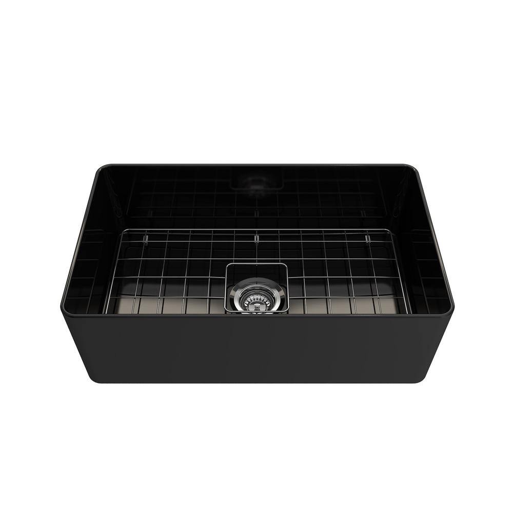 BOCCHI Aderci Black Fireclay 30 in. Single Bowl Ultra-Slim Farmhouse Apron Front Kitchen Sink with Grid and Strainer 1481-005-0120