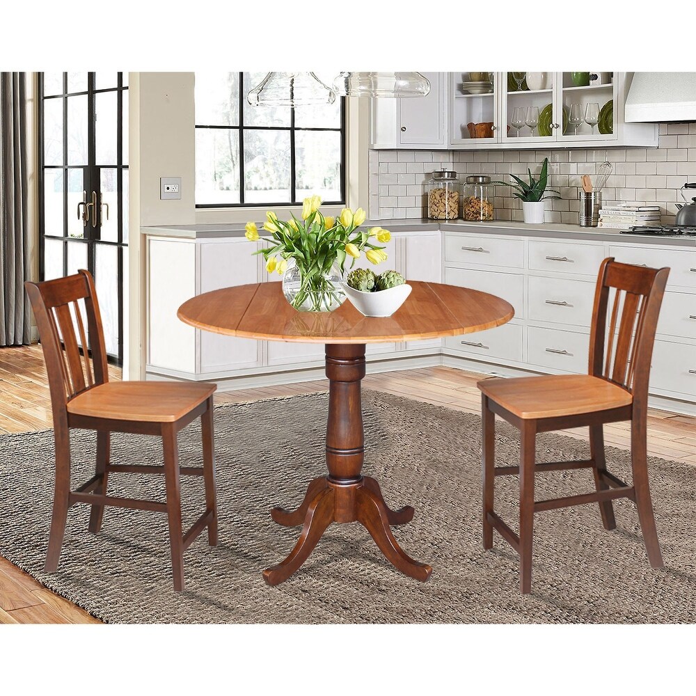 42 in. Round Dual Drop Leaf Counter Height Dining Table with 2 Splatback Stools   3 Piece Set