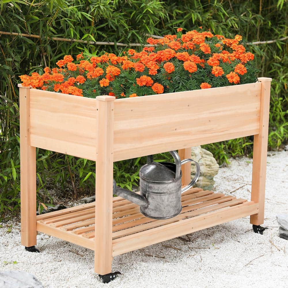 MUMTOP 46 in. x 22.4 in. x 33.8 in. Wood Raised Garden Bed with Lockable Wheels， Liner 4613590-B1