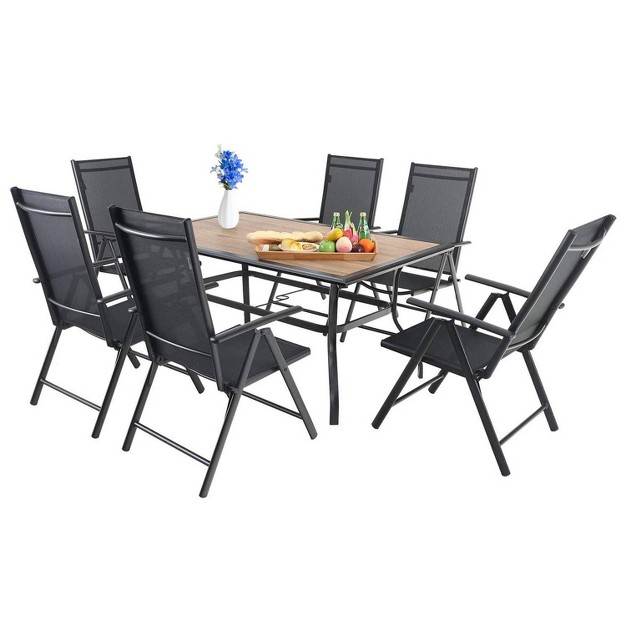 7pc Patio Dining Set Faux Wood Umbrella Hole Foldable Reclining Chairs Adjustable Backrest Weather resistant Captiva Designs